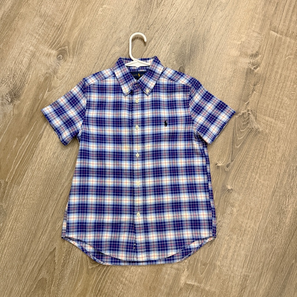 Ralph Lauren Short-Sleeve Plaid Button-Down Shirt in Blue Size 7 Kids